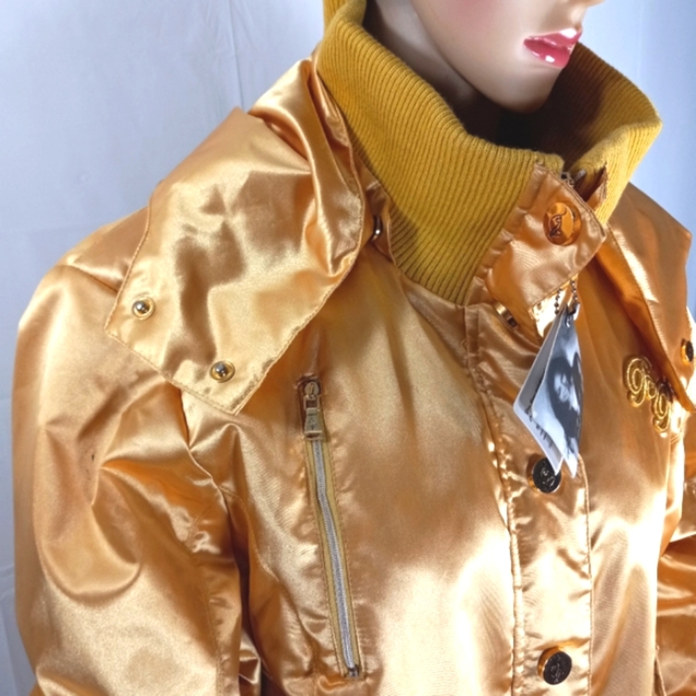 BABY PHAT Golden Yellow Satin Embroidered Bomber Jacket Detachable Hood EUC